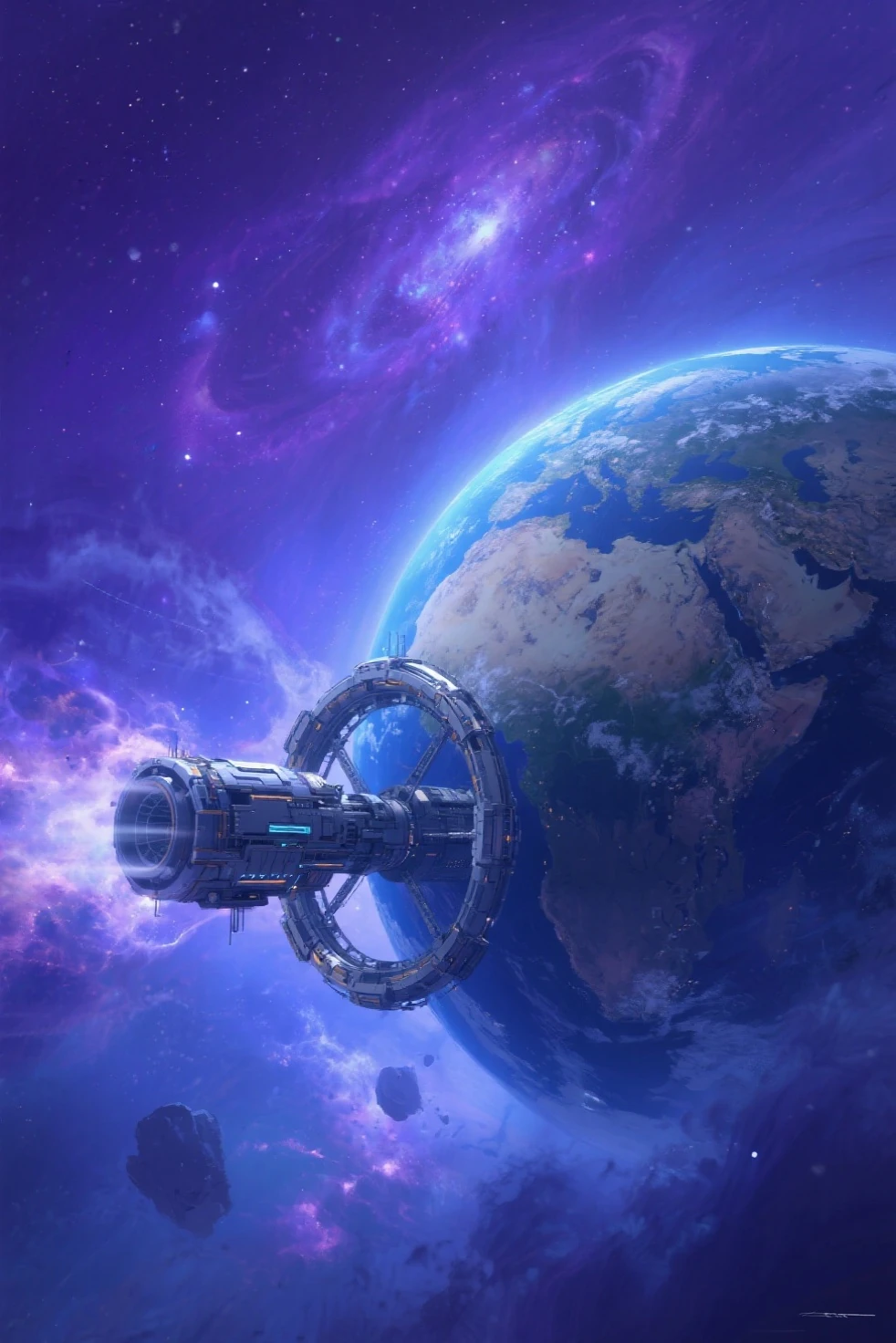 Earth with a ring-shaped mechanical station attached, surrounded by a nebula, earth with a giant engine is going in galaxy, set ...