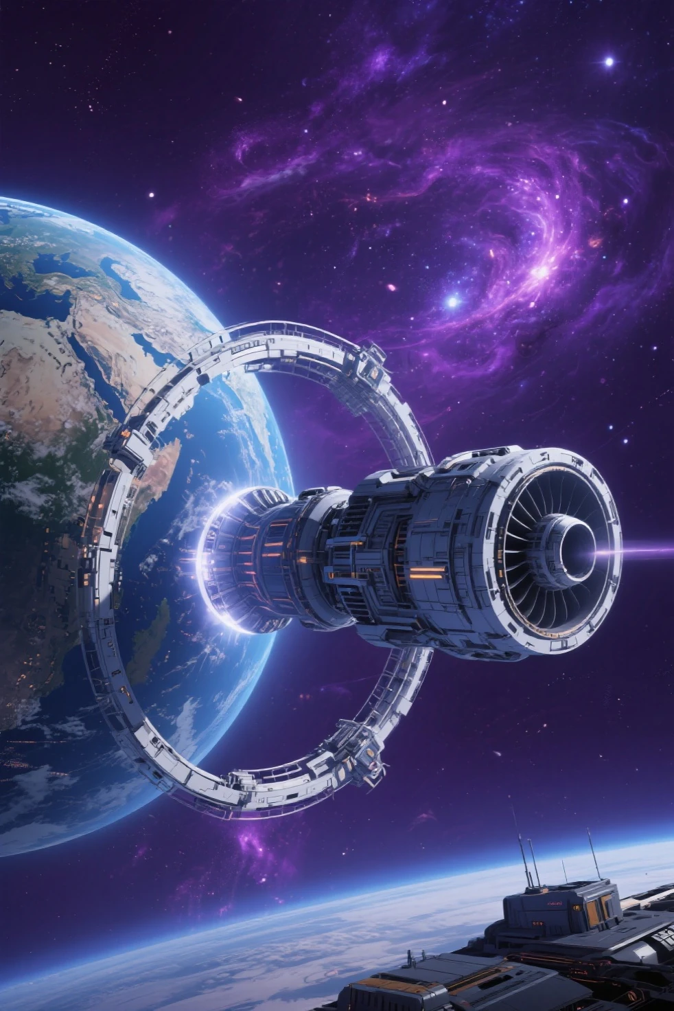Earth with a ring-shaped mechanical station attached, surrounded by a nebula, earth with a giant engine is going in galaxy, set ...