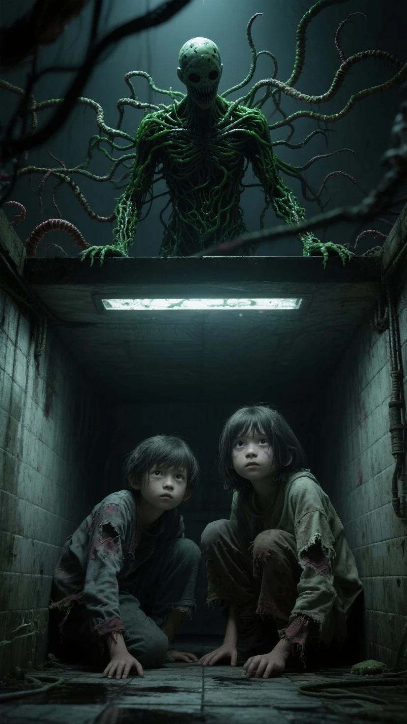 Image taken slightly above the basement lwvel. Two kids hiding inside a basement floor,  above them there is a humanoid infected...