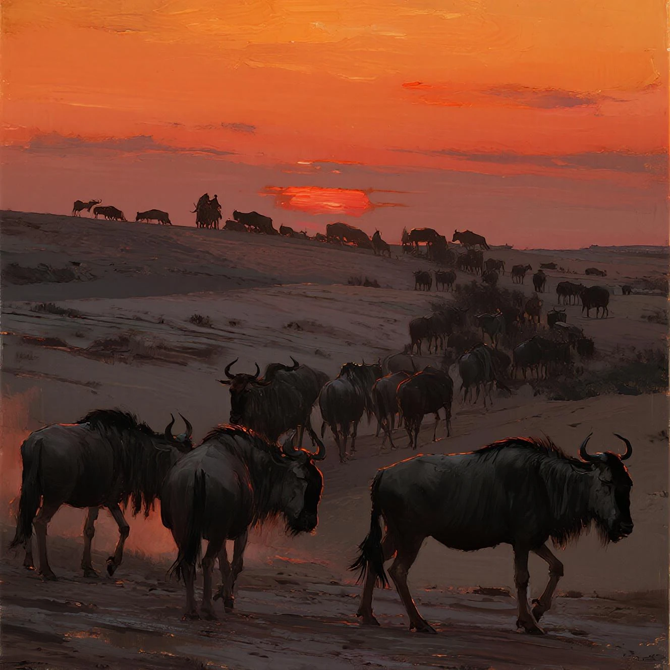 coal painting of animals migrating