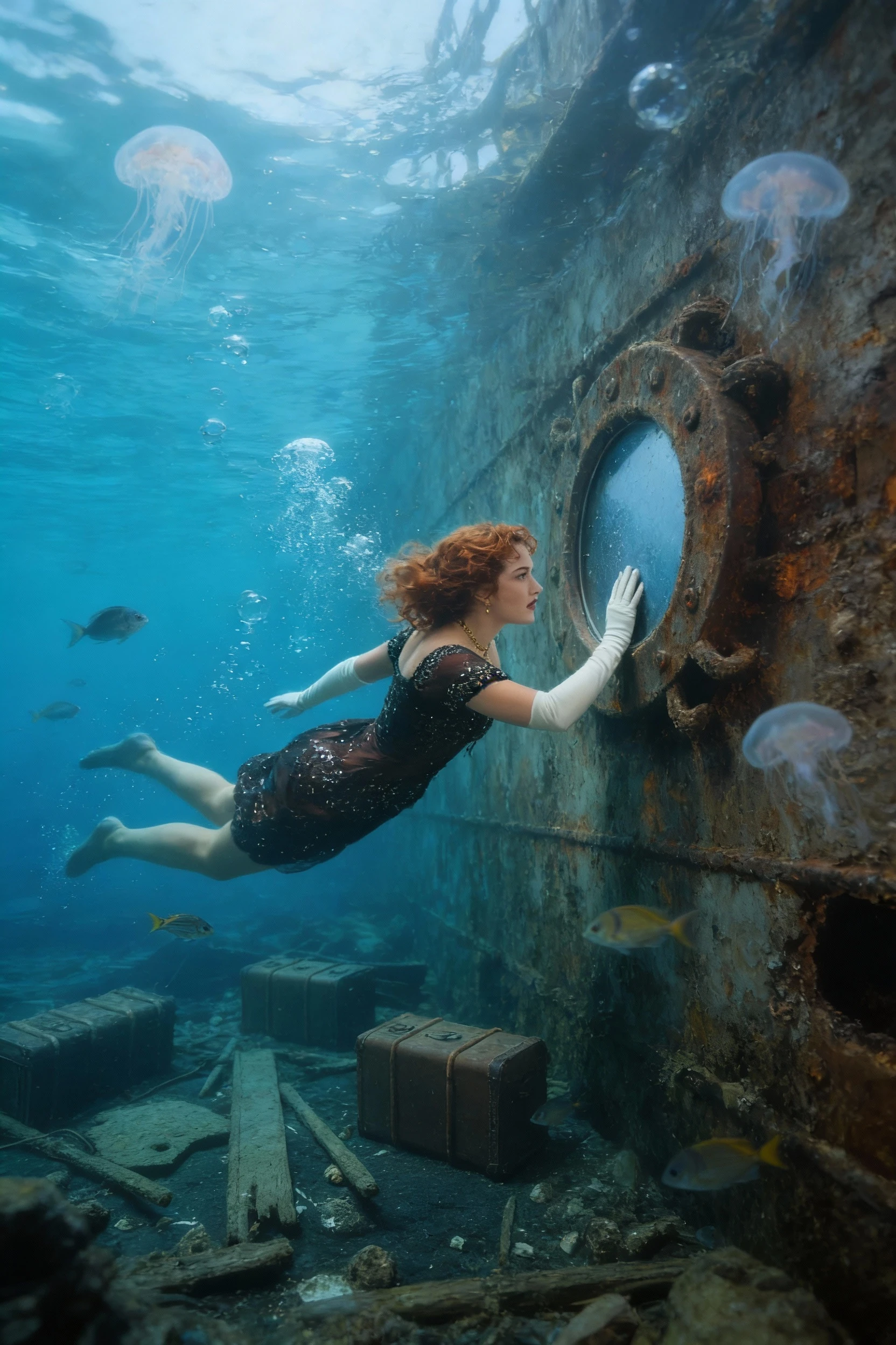 swims up to the porthole and knocks on it, underwater, Bubbles, fishes