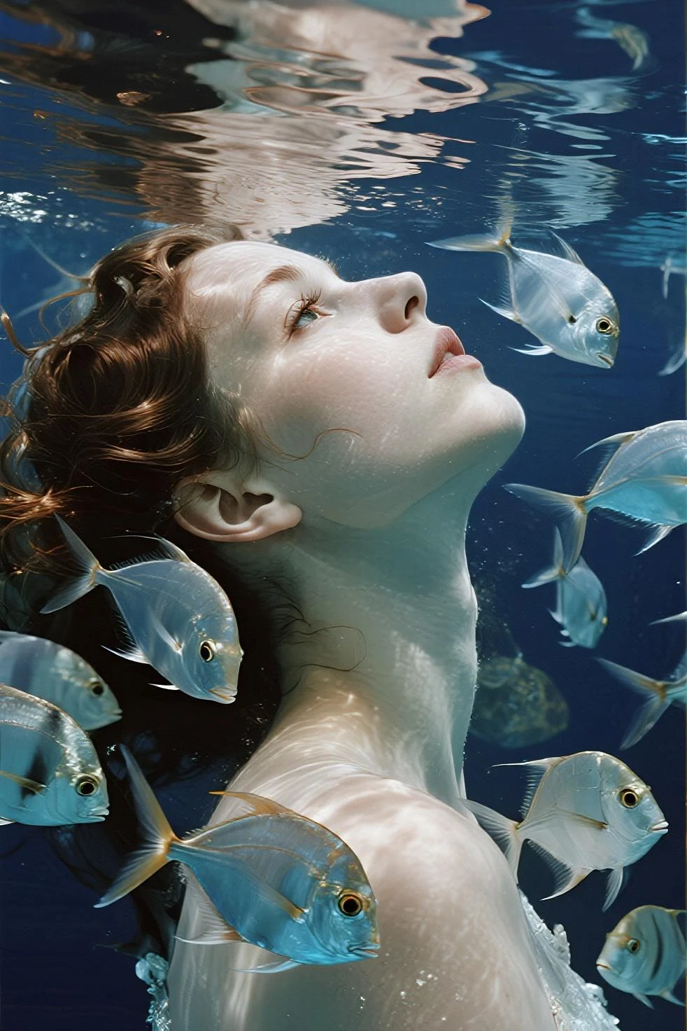 Arte diferente, surrounding a woman in the seas and goldfish. She is under water, Focus on your head, with the fish around her.
