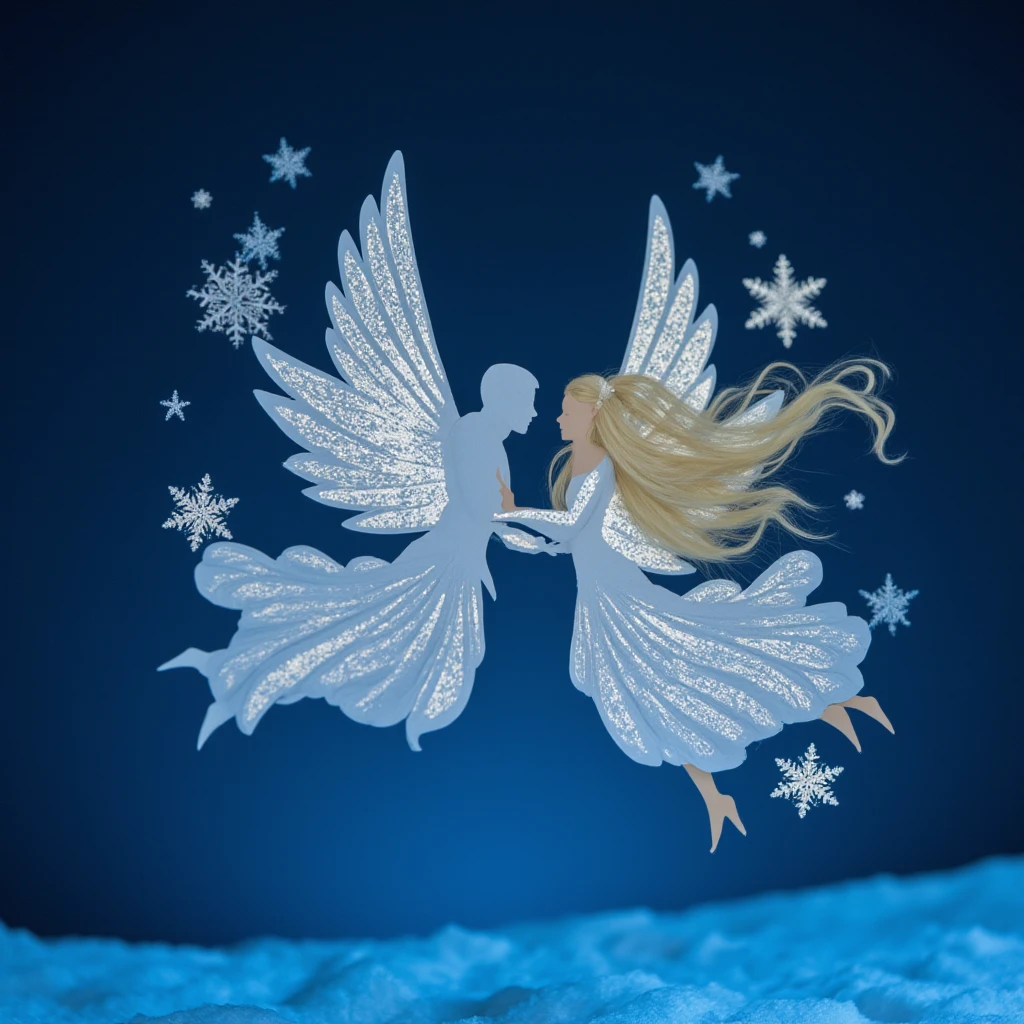 Winter, snowflakes, dark blue background, and two paper angels