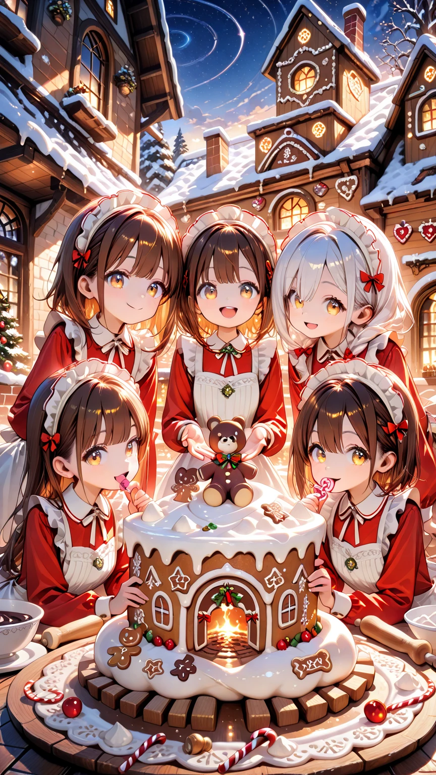 3girls, three young girls in aprons and checked dresses building and decorating