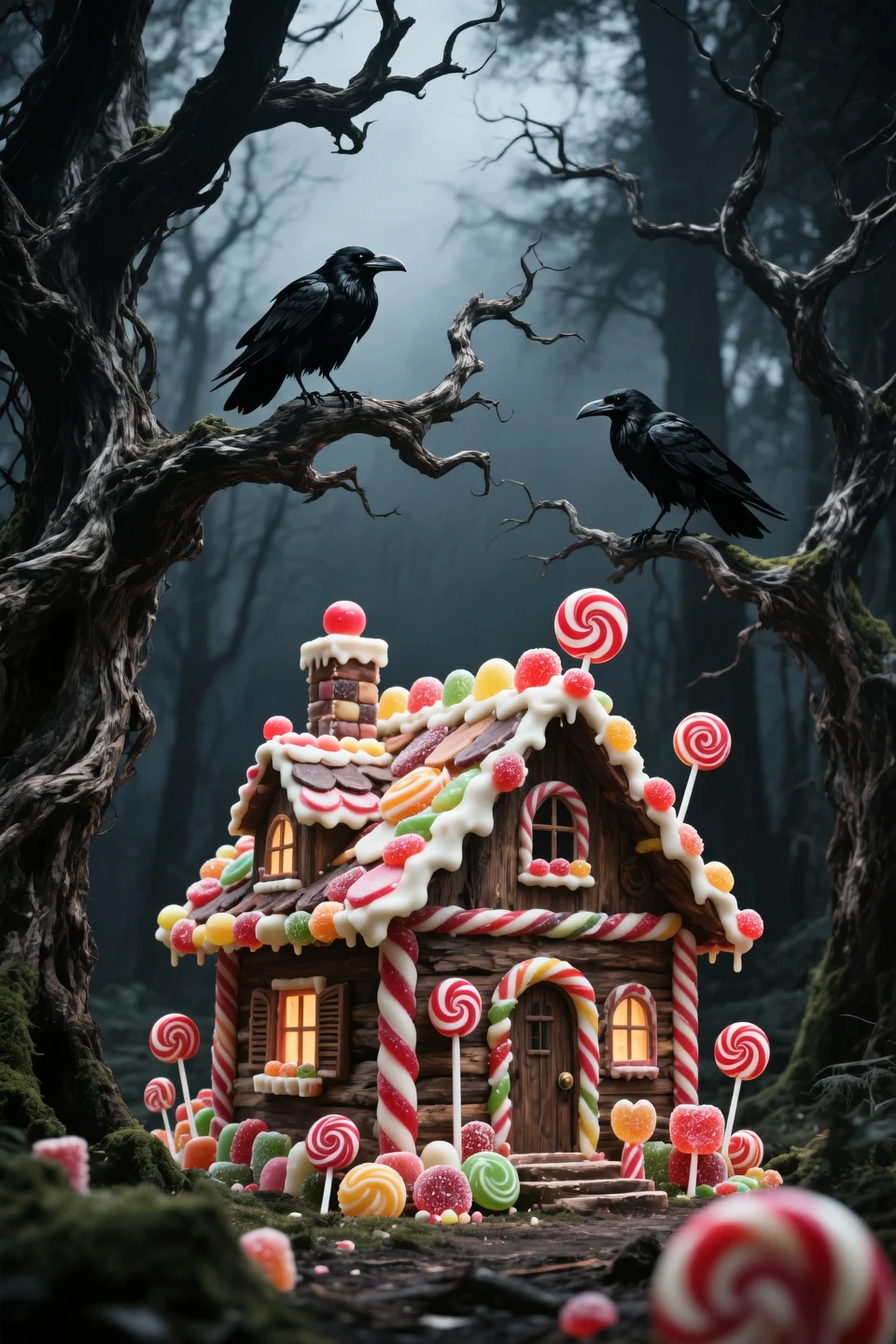 A beautiful, neat rustic house built of sweets and lollipops stands in the middle of a dark, gloomy forest, gnarled trees with g...
