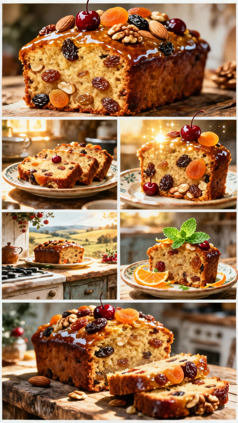 A soulful, photorealistic watercolor painting collage in 2x3 grid, each panel showing Fruitcake in artistic culinary presentatio...