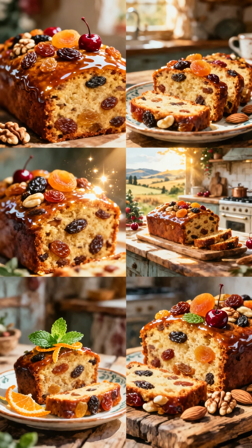 A soulful, photorealistic watercolor painting collage in 2x3 grid, each panel showing Fruitcake in artistic culinary presentatio...