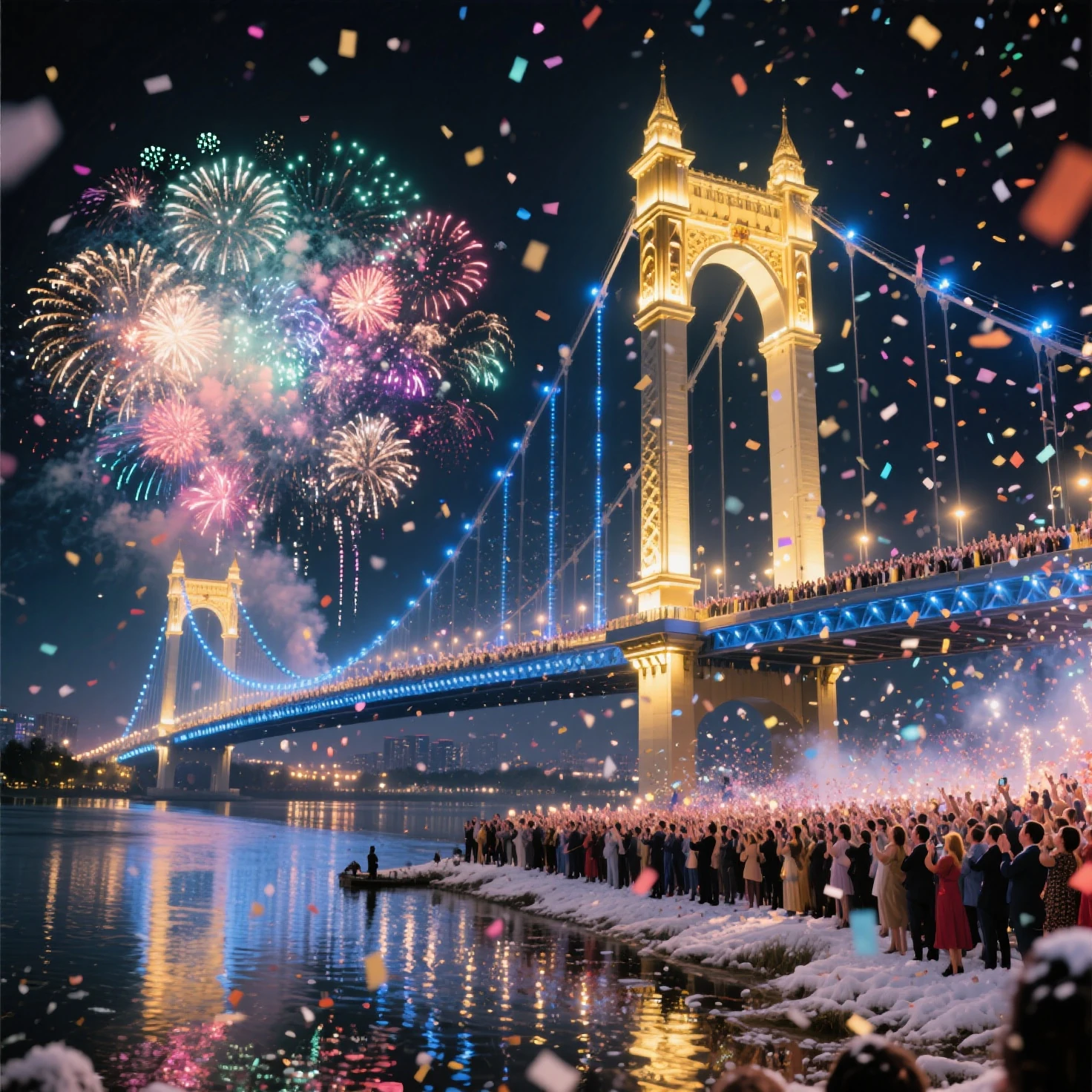 masterpiece, best quality, photorealistic, 8k resolution, grand opening ceremony of a massive suspension bridge, cinematic night...