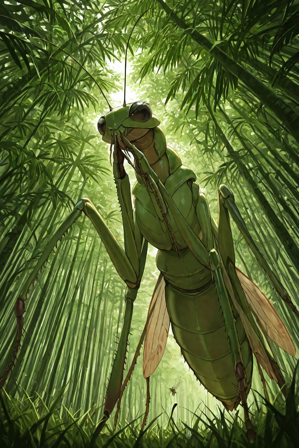 Masterpiece, best quality, micro world, praying mantis, green jungle of grass