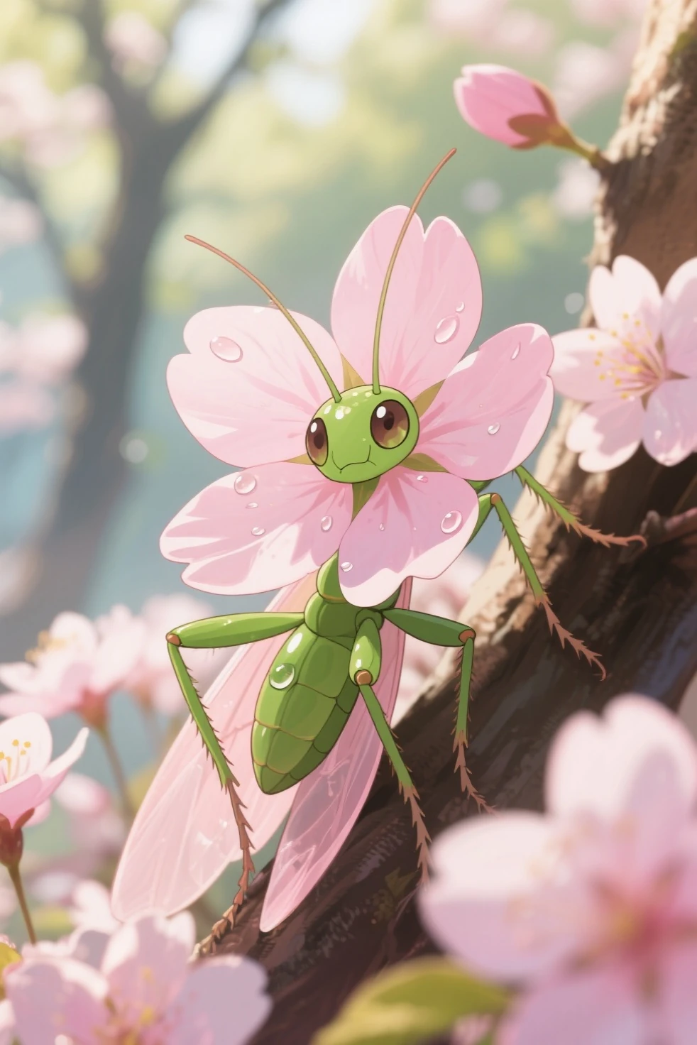 A creative anime scene featuring a delicate insect that perfectly mimics a cherry blossom flower. Its limbs look like soft pink ...