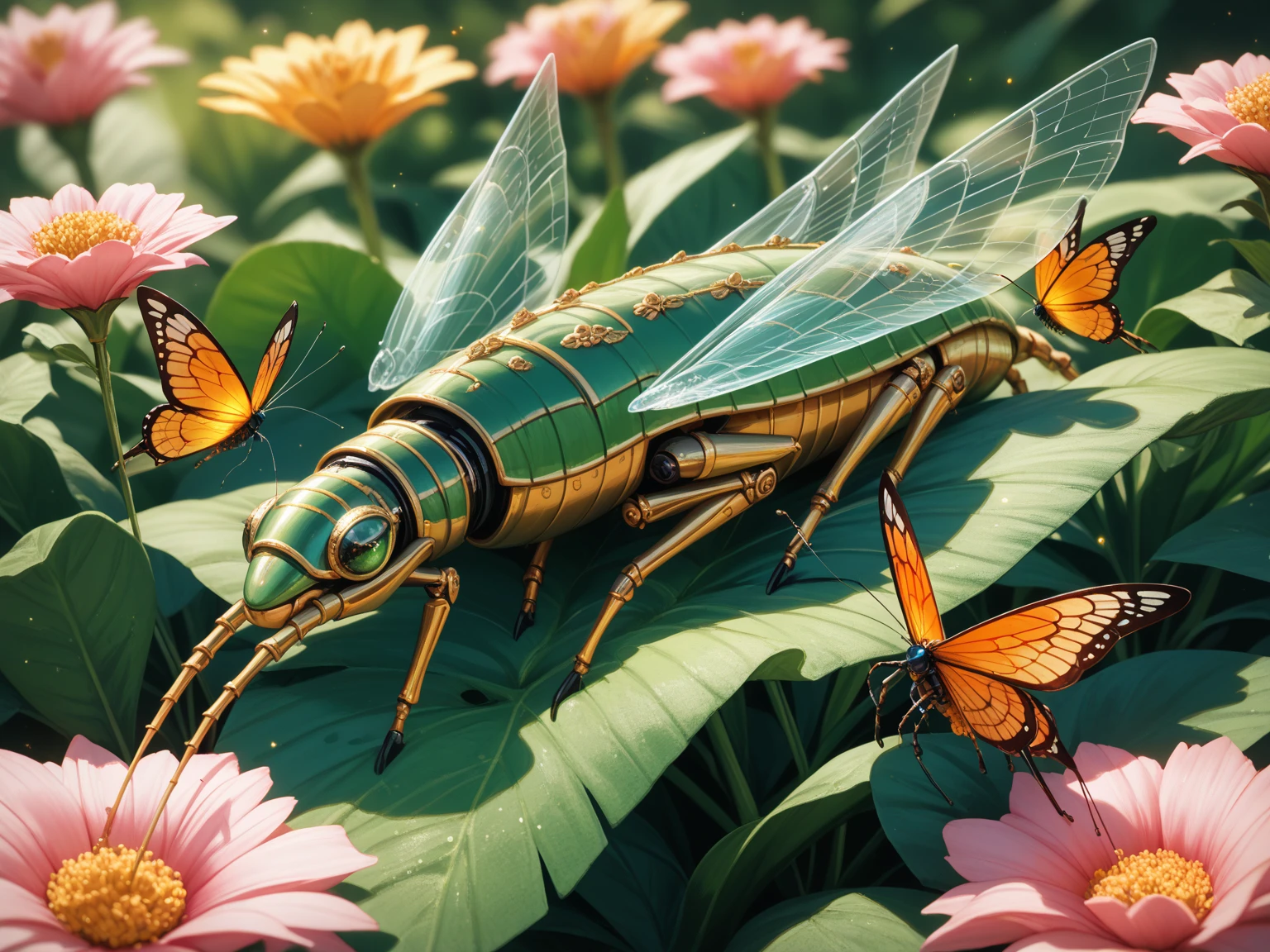 Fantasy-realistic scene of many different insects gathering on a flower meadow a