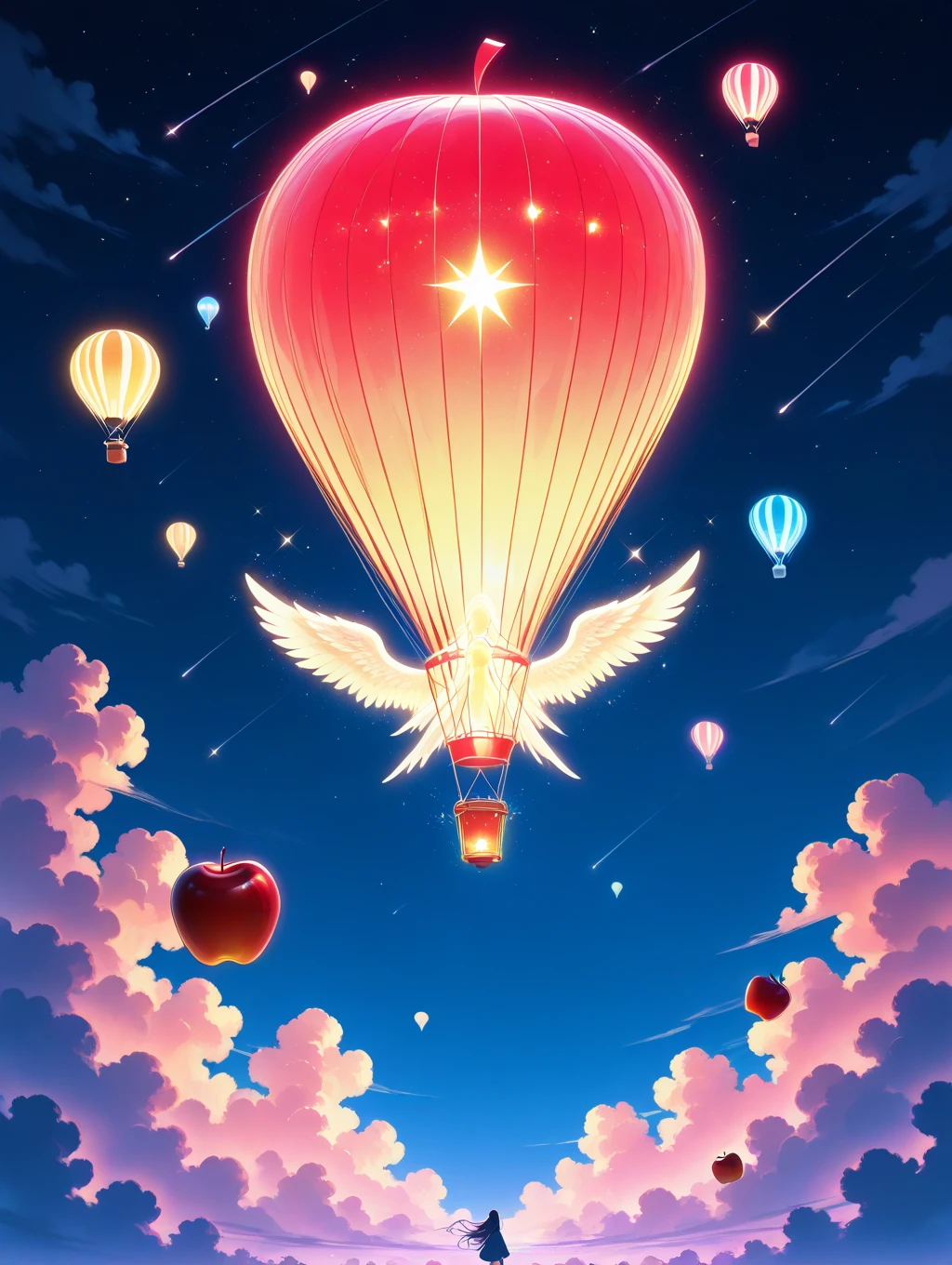 Hot air balloon, apple shape, with wings, sparkles, night, clouds
