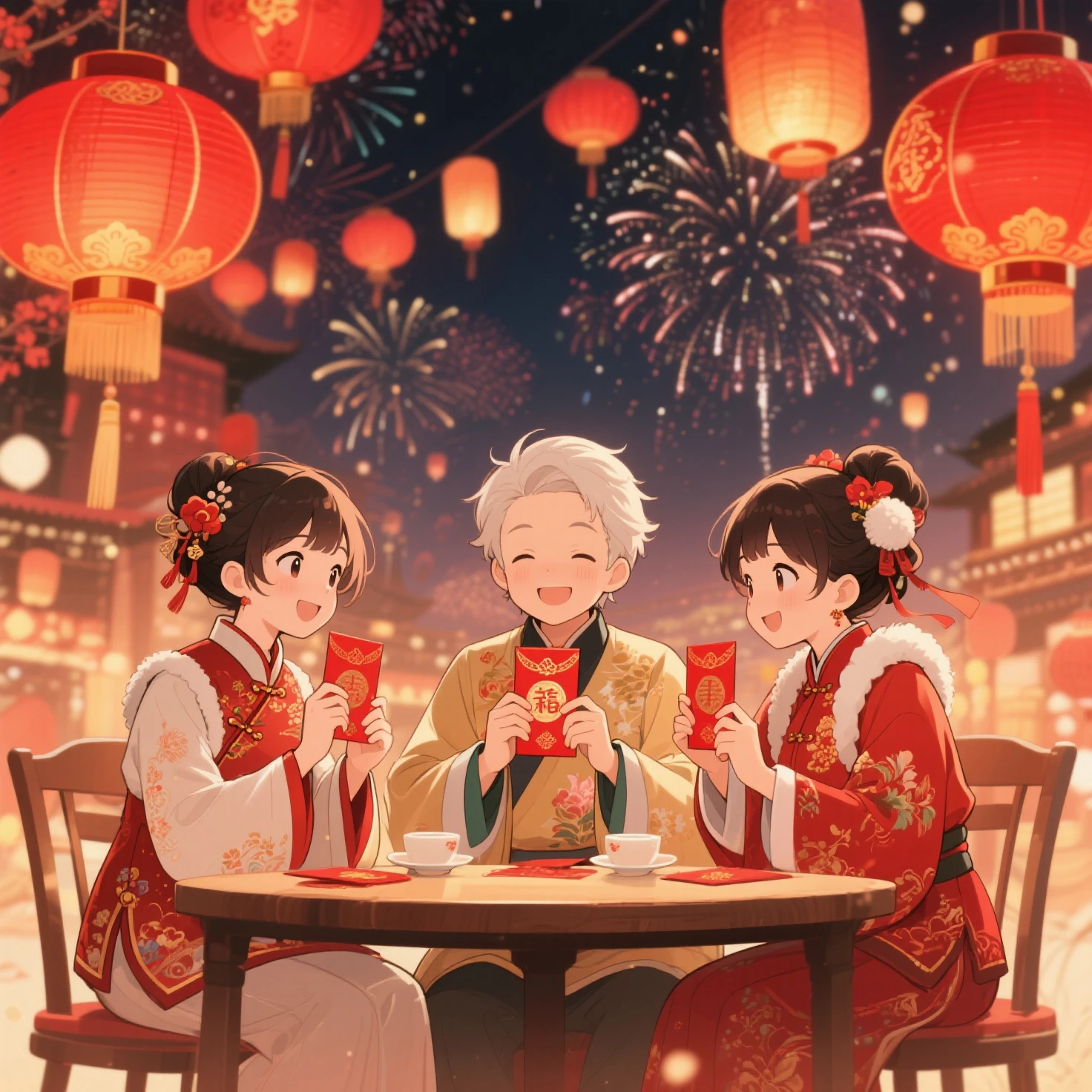 三人动漫风新年氛围感全家福