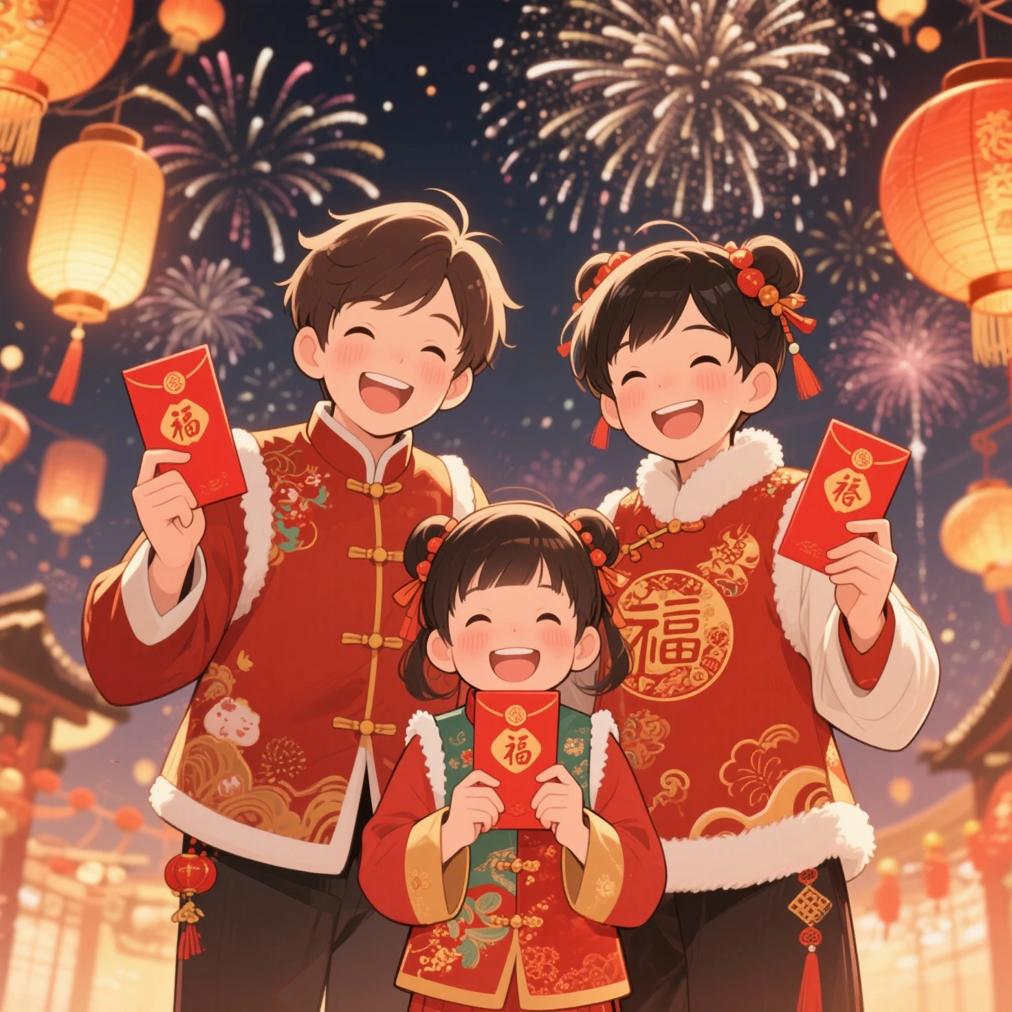 三人动漫风新年氛围感全家福