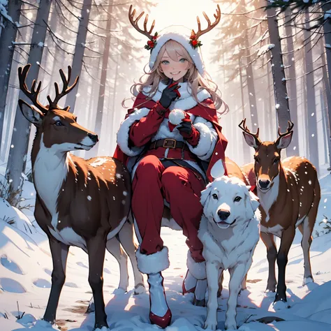 Merry Christmas, Snow Maiden in a sexy red suit, Smiling, Forest deer, Snow Maiden feeds deer bread, forest with trees, garlands...