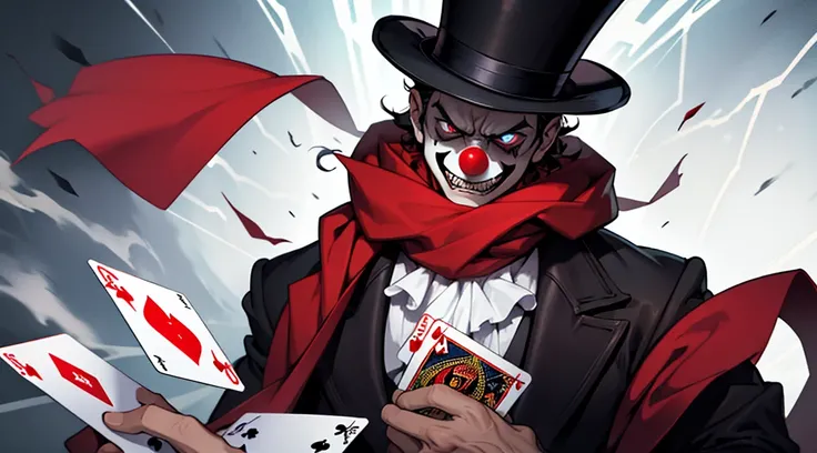 Man in top hat and clown mask and red scarf very angry looking at the spectator and with thunder eyes holding playing cards and ...