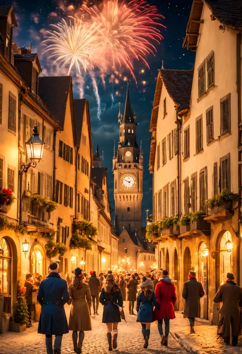 New Years Eve celebration in a quaint European village square, fireworks bursting in starry sky, cobblestone streets, revelers i...