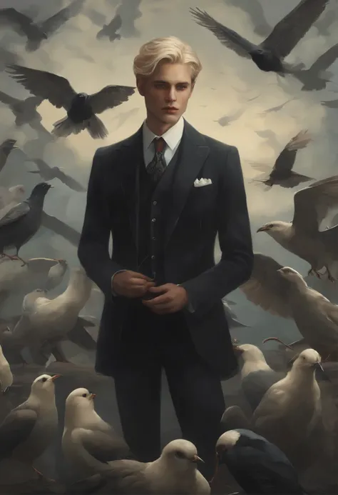 Anime style, Makoto Shinkai, Painting of a man in a suit and tie surrounded by birds, Ghibli Tom Bagshaw, tom bagshaw style, por...