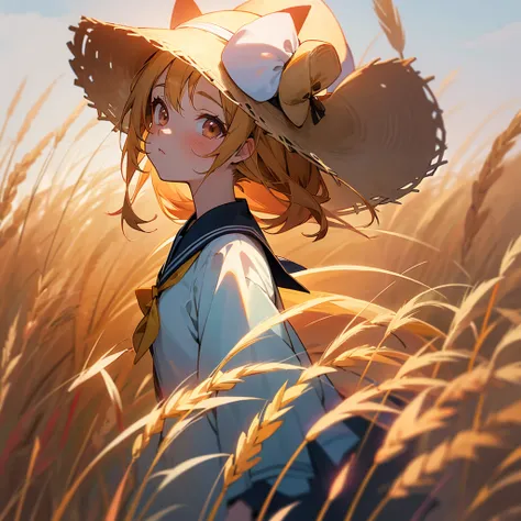 anime loli girl wearing straw hat ,sailor suit with golden hair and silver eyes, following dog, in the wheat field,anime style 4...
