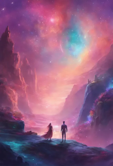 Woman and man in the distance meeting in the The galaxy , astrals, purples, pinks and blues and light greens 