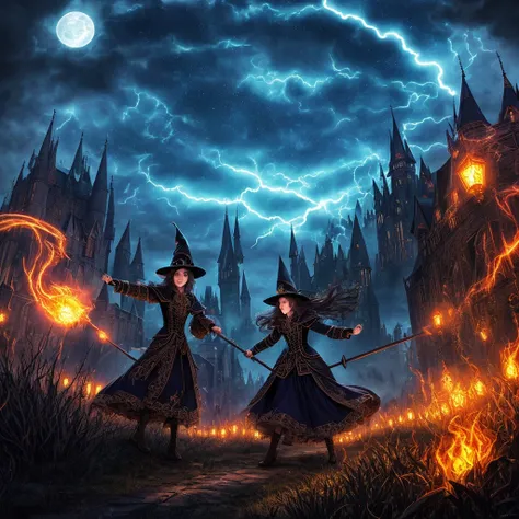 A hauntingly beautiful scene unfolds in the night sky, as terrifying witches mounted on broomsticks engage in a tense race again...