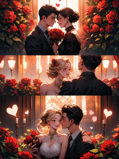 masterpiece, collage of couple, 1 guy, 1 woman, valentine, happy, smile, chocolate, roses, hearts