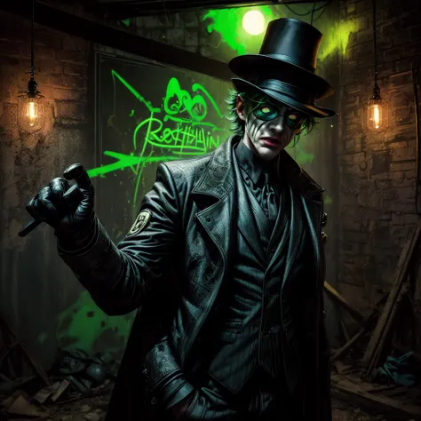 The Riddler, one of Batmans iconic villains, is standing in a dimly lit chamber. He is enthusiastically explaining the intricate...