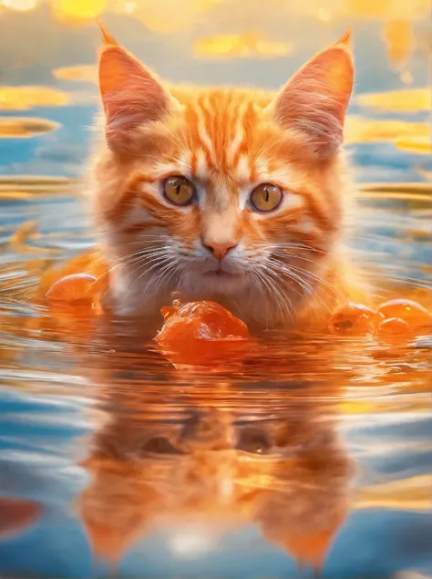 Q version little orange cat, water，reflection，reflection，Silly cute, Look at me, luxurious, surreal, Super fine, 16K resolution,...