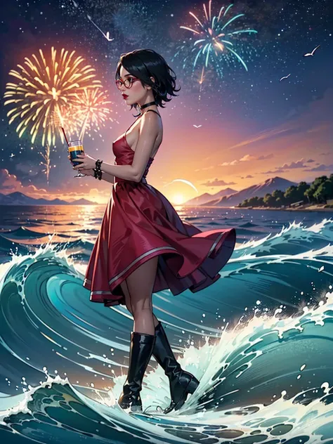 (1girl, solo, alone), (WakatsukiRisa, Sarada Uchiha, black hair, short hair, black eyes, red glasses), ((solo, (1woman, pink lip...