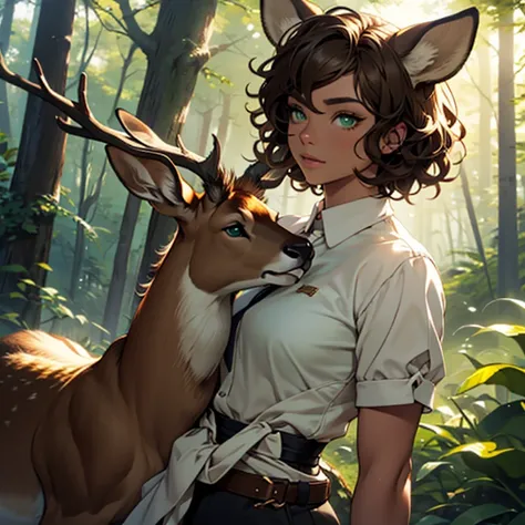 woman. deer ears. short curly hair. green eyes. light brown skin