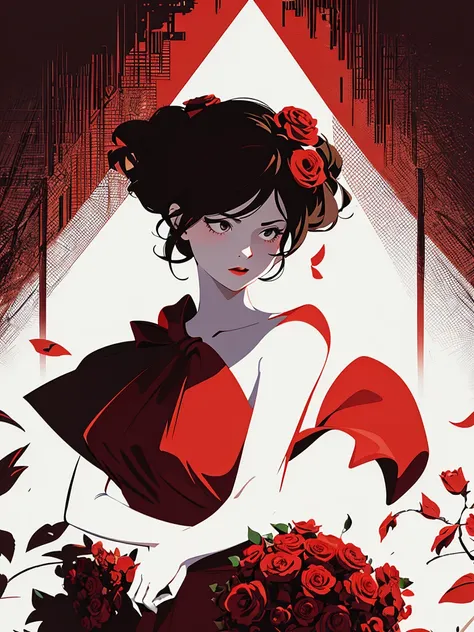 A girl carrying a big bouquet of roses, in the style of figurative minimalism, warm color palette, utilitarian, organic shapes a...