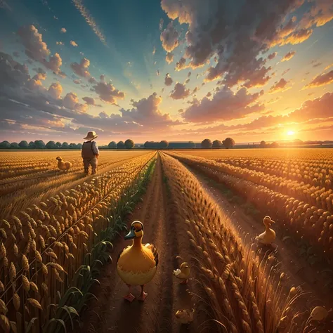 Picture a humanoid duck farmer in a quaint, rustic setting, standing in the midst of a lush wheat field. The sun peeks over the ...