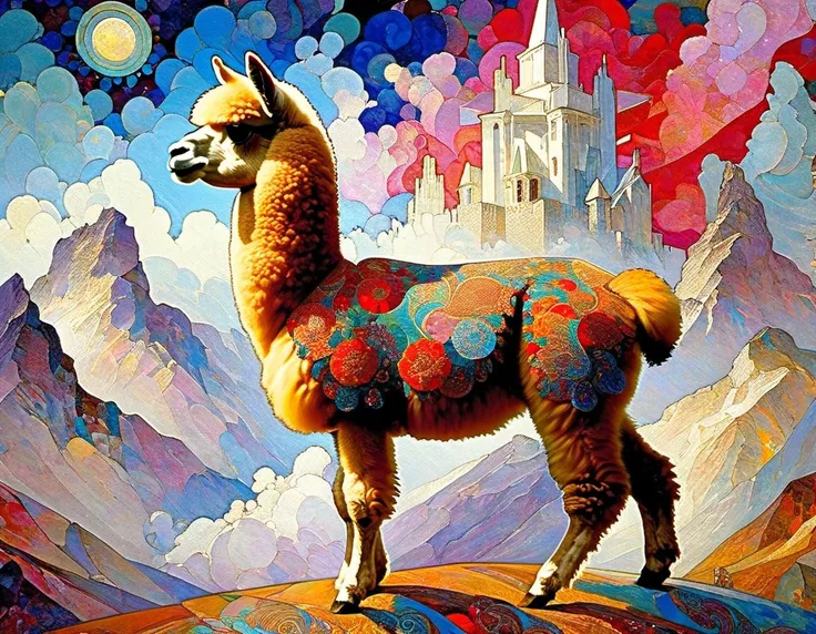 Alpaca ((Mikhail Vrubel style)), magic naive art, primitivism, protogen, crimson
, ((best quality, Masterpiece)), ((Highest deta...