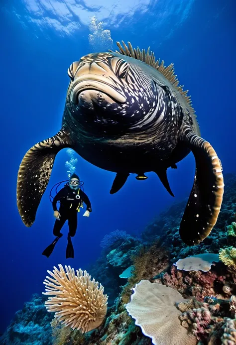 Big living creature in the deep blue sea, a diver just found it and come closer