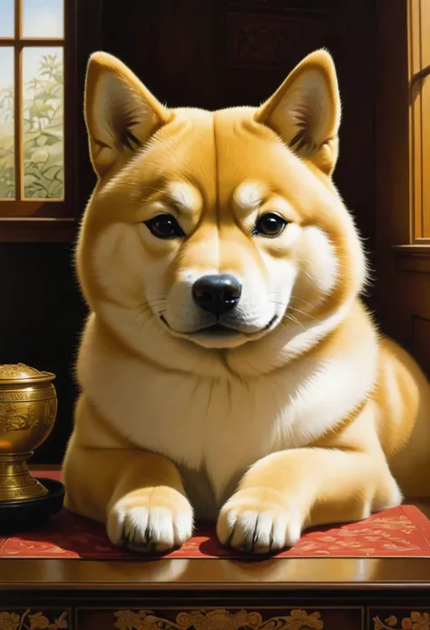 A Shiba Inu, by Chris Van Allsburg, best quality, masterpiece, very aesthetic, perfect composition, intricate details, ultra-det...