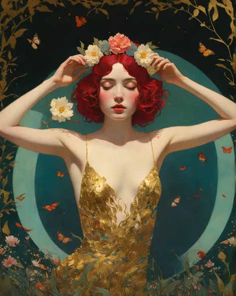 a painting of a woman with a flower crown on her head, flower goddess, woman in flowers, she has a crown of flowers, a goddess i...