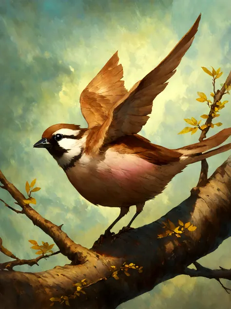 painting of a bird with a pink breast sitting on a branch, a pastel by David Park, Artstation, fine art, painted in acrylic, oil...