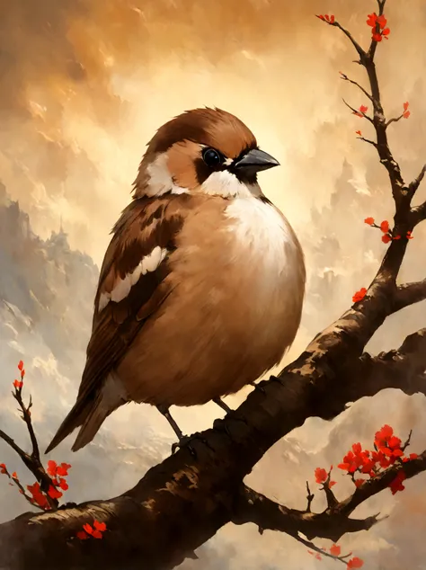 painting of a bird with a pink breast sitting on a branch, a pastel by David Park, Artstation, fine art, painted in acrylic, oil...