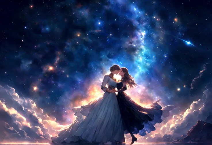 space, milky way, galaxy, stars, happy couple, holding hands, kissing，fantasy art