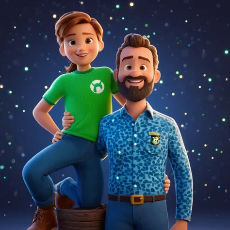 Personagem de desenho animado de um homem branco careca com barba olhoes verdes um pouco forte com seu filho de 5 anos loiro bra...