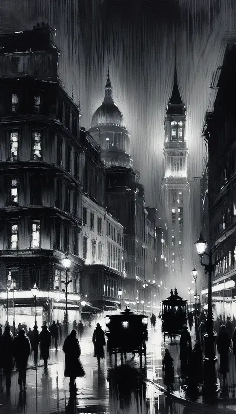 the bustling city, black and white image, night (art inspired by Bill Sienkiewicz). oil painting, details of brush strokes that ...