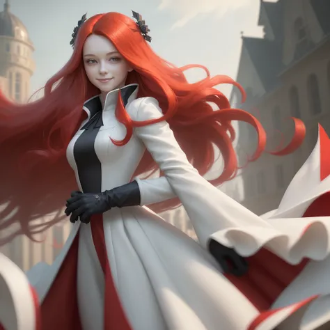 ((masterpiece,best quality)),8k wallpaper,1girl, long hair, red hair, solo, dress, red eyes, looking at viewer, long sleeves, st...