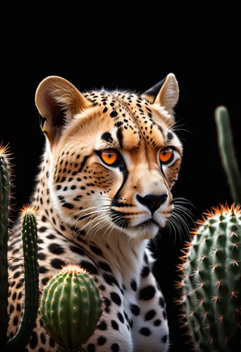 a powerful cheetah in a desert with lush cacti, vivid orange eyes, dramatic black and white, black background, (best quality,4k,...