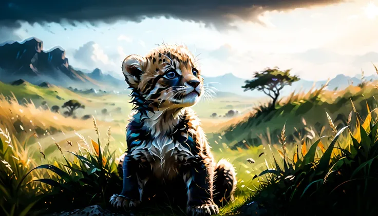 Cheetah cub on the grassland, panoramic, cinematic still, emotional, vignette, dynamic pose, vivid, (masterpiece, best quality, ...