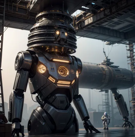 A detailed futuristic space station drydock, a massive starship under repair, human technicians and robotic Droids working toget...