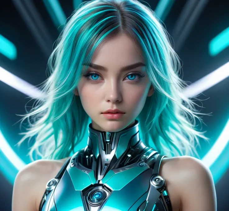 1 solo, High resolution, sharp focus, neon aqua clothing, sunlit backdrop, front-facing, determined expression, detailed realist...