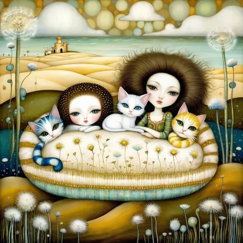 Patchwork by Klimt, Nicoletta Ceccoli, Naoto Hattori, Lawrence Didier, Leonora Carrington. In a seascape with sand dunes and clu...