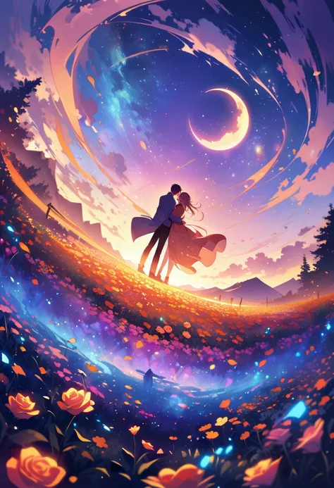 super wide angle，Sky，Open rose fields，（Man and woman kiss in the wind），（full moon：0.9），（nebula：1.1），distant mountains，Tree，（Cold...