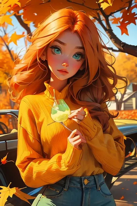 Perfect face, Perfect hands. An orange haired woman with green eyes and an hourglass figure in a yellow sweater and jeans is blu...
