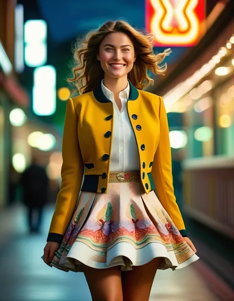 A smiling, authentic, (shy:1,3), kind, beautiful woman, is passionately in love with her skirt, wind wildly lifts her skirt, wea...